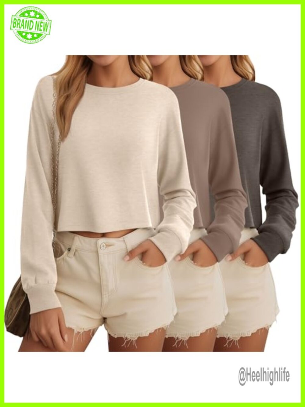 Long Sleeve Cropped Tops 3 Pack Cotton Spandex Crew Neck Crop Tees